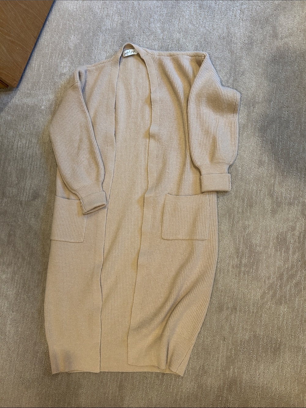 Petal & Pup Long Open-Front Ribbed Cardigan in Beige